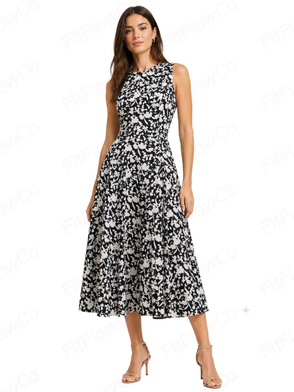 Calvin Klein Black Ivory Floral Fit & Flare Midi Dress Size 2 NWT Pockets